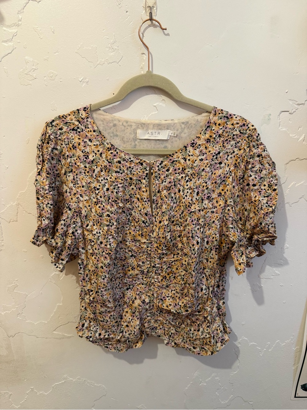 ASTR Floral Ruffle Short-Sleeve Blouse in Yellow and Pink